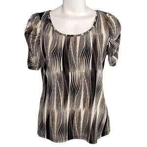 Worthington Brown Cream Black Stretch Knit Ruched Sleeve‎ Top sz Small